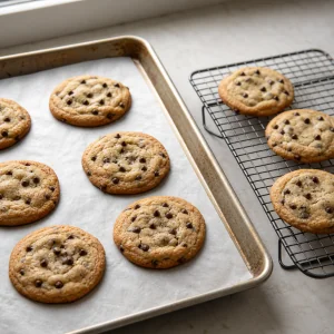 Cookies au chocolat tout juste cuits refroidissant sur une grille