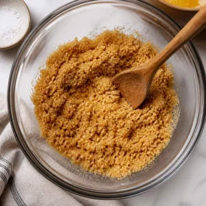 Migas de galleta humedecidas mezclándose en un bol de vidrio