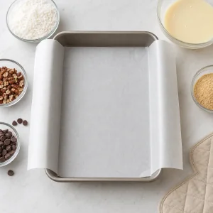 Molde rectangular forrado con papel de horno e ingredientes alrededor