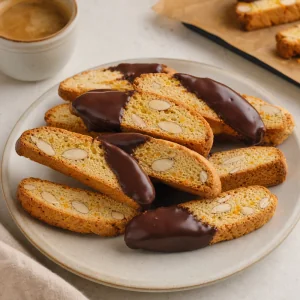 Chocolate dipped orange biscotti on a plate