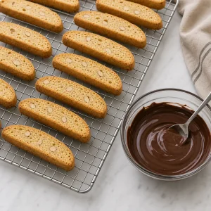 Cooled biscotti beside a bowl of melted dark chocolate