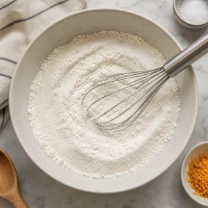 Dry biscotti ingredients being whisked in a bowl