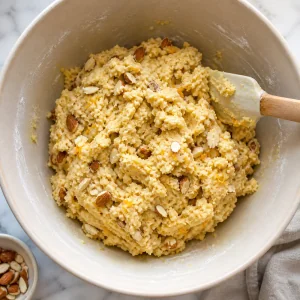 Firm biscotti dough with toasted almonds folded in