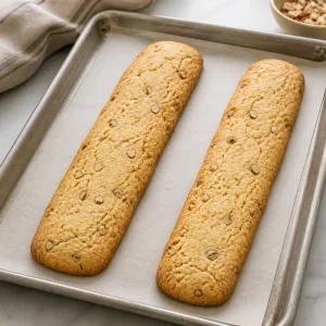 First-baked biscotti logs lightly golden and unsliced