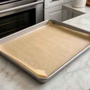 Parchment-lined baking sheet ready for biscotti dough