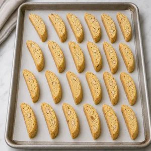 Sliced biscotti arranged cut side down for the second bake