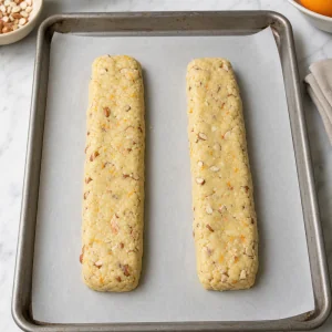 Two shaped biscotti dough logs on a baking sheet