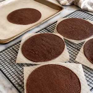 Gebackene Schokowaffelrunden kühlen auf Backpapier und Gitter aus