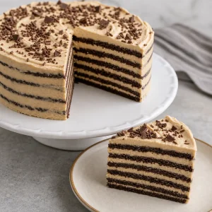 Gekühlter Eiskuchen angeschnitten mit weichen Schoko- und Erdnussschichten