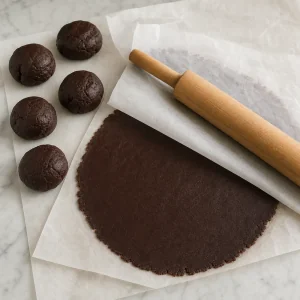 Schokowaffelteig dünn zwischen Backpapier ausgerollt