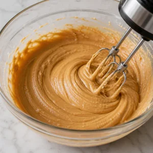 Glatte Erdnussbuttermasse in einer Schüssel geschlagen