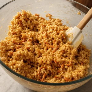 Cereal and pretzels coated in warm peanut butter mixture