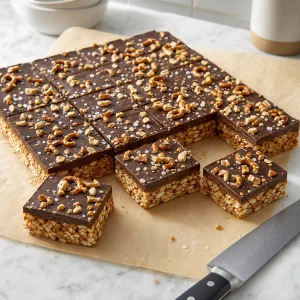 Chilled pretzel crunch slab cut into chocolate-topped bars