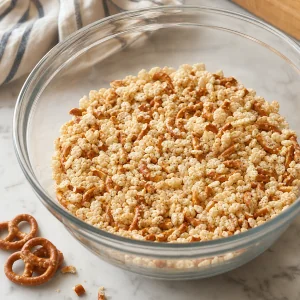 Crisp rice cereal and crushed pretzels mixed in a bowl