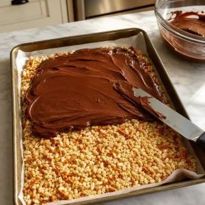 Glossy chocolate spread over the crisp cereal and pretzel base