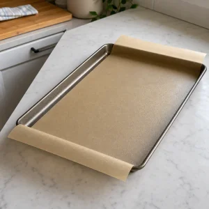 Parchment-lined sheet pan with overhang on two sides