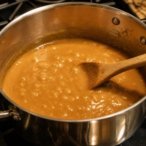 Peanut butter binding mixture bubbling in a saucepan