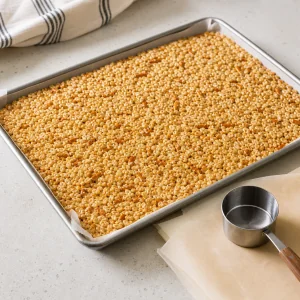Peanut butter cereal base pressed evenly into a sheet pan
