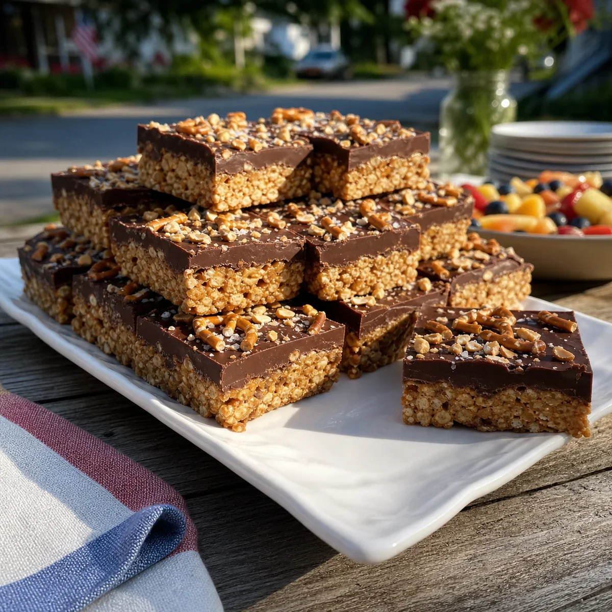 Platter of chocolate peanut butter pretzel crunch bars