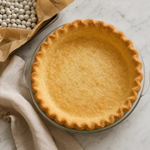 Blind-baked pie crust cooling in a pie plate