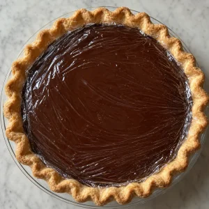 Chocolate pudding pie covered with plastic wrap