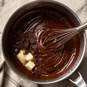 Glossy chocolate pudding with melting chocolate and butter