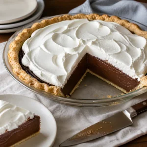 Sliced chocolate pudding pie topped with whipped cream