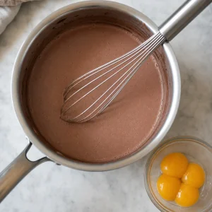 Smooth cocoa milk mixture in a saucepan