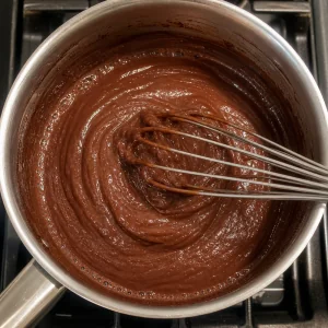 Thickened chocolate pudding with whisk tracks