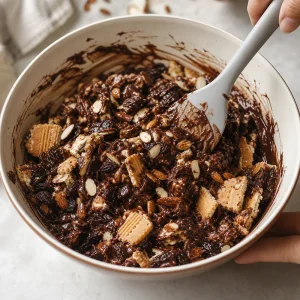 Biscotti, mandorle tostate e frutta secca incorporati al composto di cioccolato