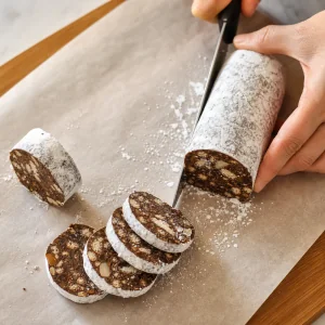 Salame di cioccolato passato nello zucchero a velo e tagliato sottile