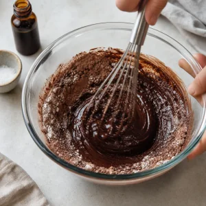 Cacao e zucchero a velo mescolati nel cioccolato fuso lucido
