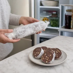 Salame di cioccolato avanzato avvolto per il frigorifero con fette accanto