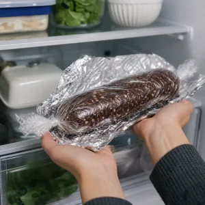 Rotolo di salame di cioccolato avvolto che si rassoda in frigorifero