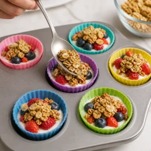 Granola pressed into fruit-filled yogurt cups