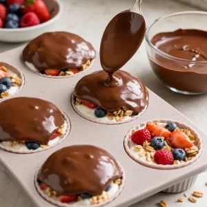Melted chocolate spooned into domes over yogurt cups