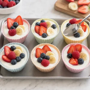 Yogurt cups filled with fresh fruit centers