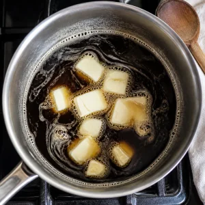 Burro che si scioglie nella stout scura in una casseruola