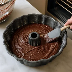 Impasto al cioccolato livellato nello stampo Bundt preparato