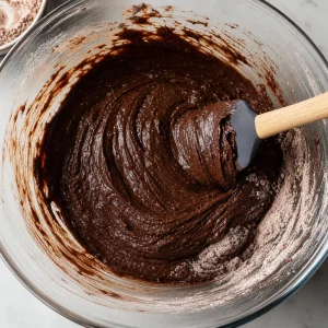 Impasto al cioccolato mescolato con una spatola