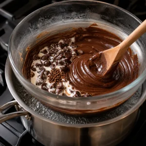 Cioccolato, panna e caffè che fondono in ganache sopra acqua calda