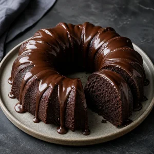 Schokoladen-Stout-Gugelhupf mit glänzender Ganache und angeschnittenem Stück