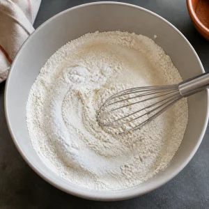 Ingredienti secchi della torta mescolati con la frusta in una ciotola