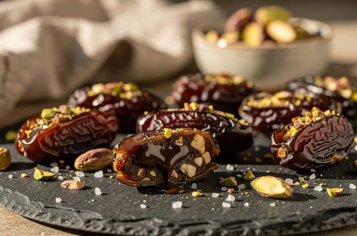 Dattes Medjool farcies au chocolat, noix et sel marin