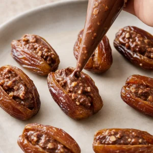 Entsteinte Medjool-Datteln werden mit Schokoladen-Mandel-Ganache aus einem Spritzbeutel gefuellt.