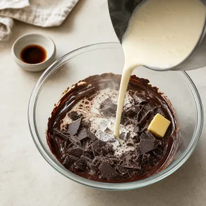 Warme Sahne wird ueber gehackte dunkle Schokolade in einer Glasschuessel gegossen, um Ganache zuzubereiten.