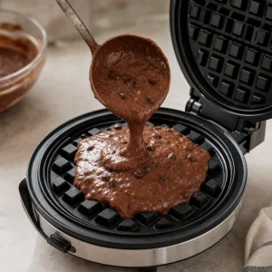 Pastella per waffle al cioccolato versata sulla piastra calda.