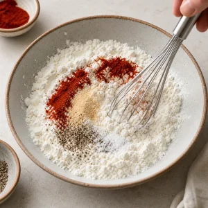Ingredienti secchi per waffle con cacao mescolati in una ciotola.