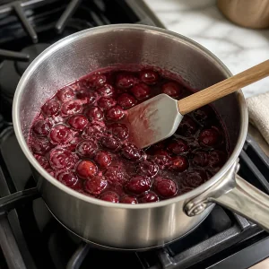 Cerejas cozinhando com suco, açúcar e limão em uma panela
