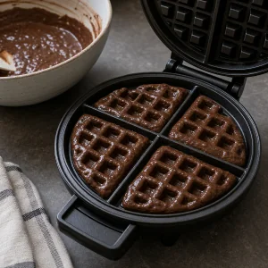 Massa de waffle de chocolate cozinhando na máquina